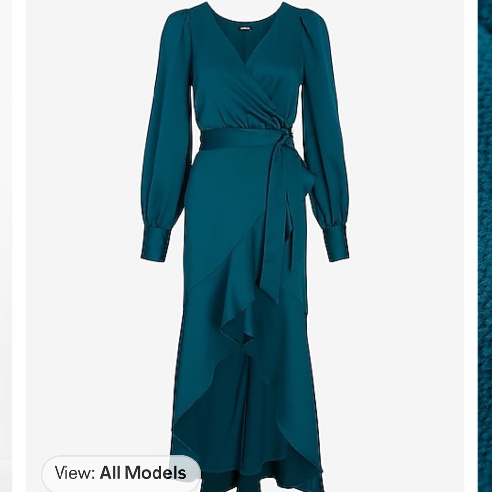 NWT Express Textured Faux Wrap Ruffle Hi-Lo Maxi Dress Venetian Teal